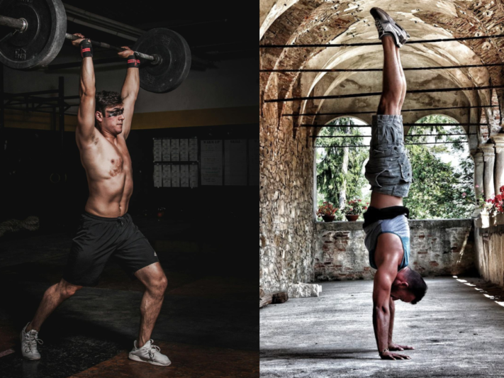 Weightlifting vs Calisthenics 2025 - Which is the Best? 2 double image man doing overhead press with barbell and other image man doing handstands