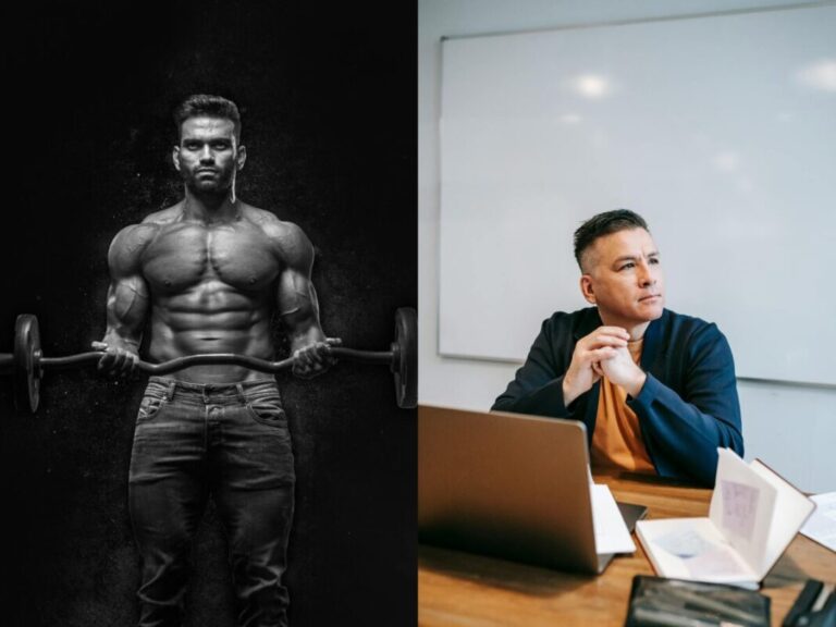 Home 2 man on left lifting weights while a man on right deep in thought