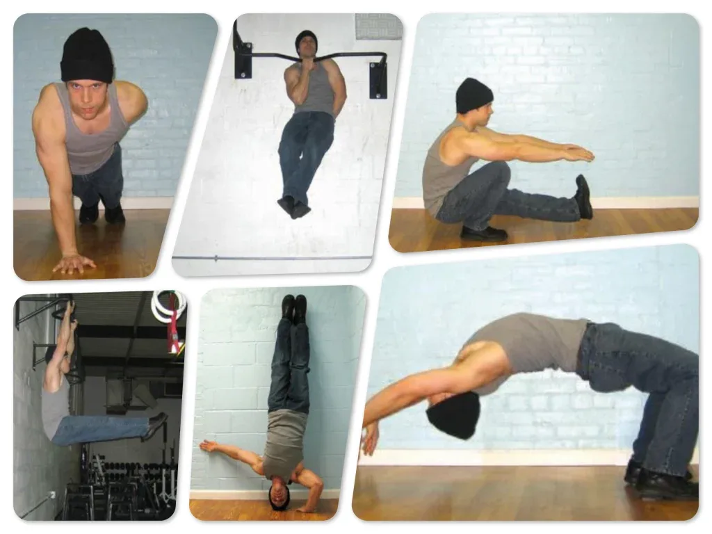 Can Calisthenics Build Muscle and Get Rid of Fat? 7 Key Aspects for Maximum Results. 4 man showing various calisthenics progressions with different push & pull variations.