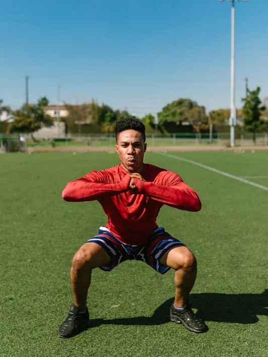 man doing air squats in open athletic field
