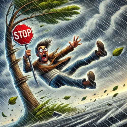 Outdoor Workouts: Why Nature Is Secretly Trying to Kill You 5 AI image of a man caught in a storm trying to hang on to a stop sign
