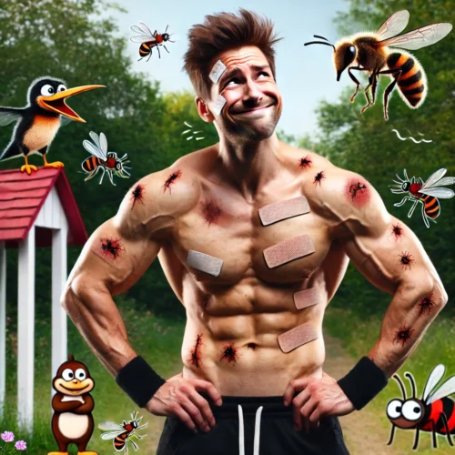 Outdoor Workouts: Why Nature Is Secretly Trying to Kill You 2 humorous image of a man who has bug bites, bandages, and insects attacking him because of outdoor workouts