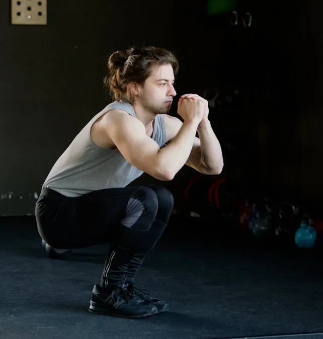 man performing a deep squat in a darkened gym setting
