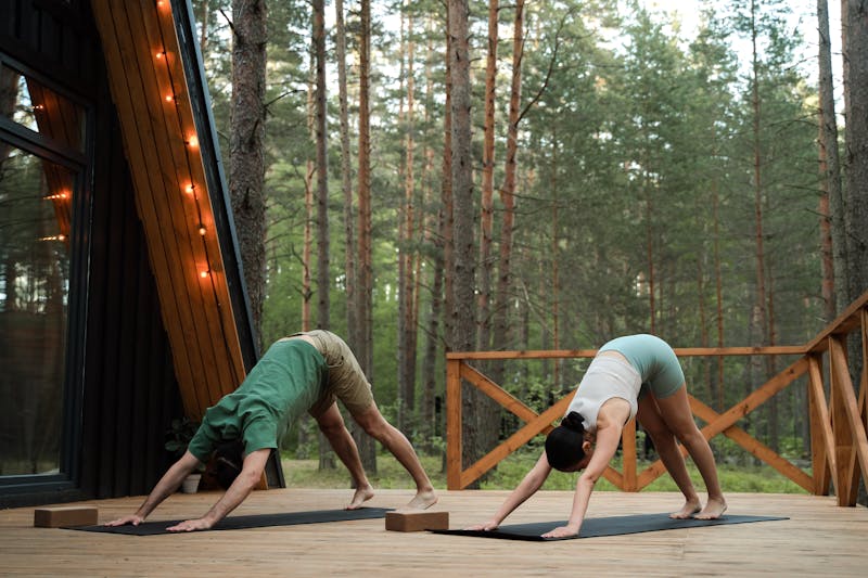 Ultimate Guide: 7 Ways to Combine Calisthenics and Yoga for Full-Body Fitness 4 a couple in downward post position on an outdoor deck