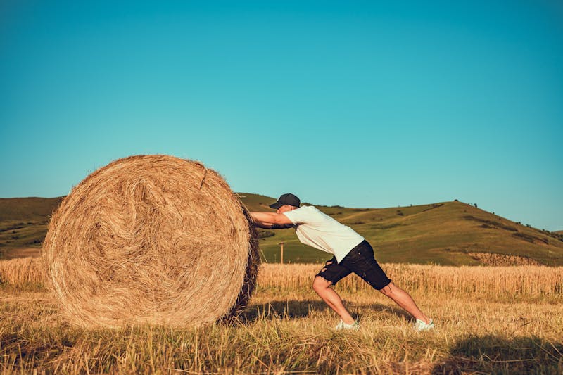 Farmer Strength: 7 Powerful Ways to Build Real-World Muscle 2 farmer strength demonstrated by a man pushing a large hay bale