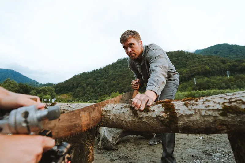 man exhibiting farmer strength using a crosscut saw