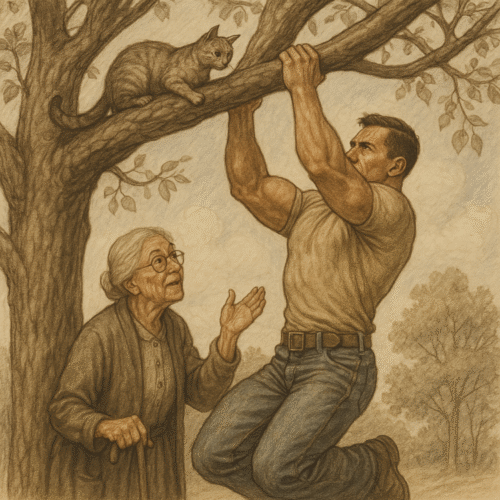 Unlock Farmer Strength: The Rugged Blueprint for Real-World Power 5 man doing pullups in a tree to get down an elderly woman's cat