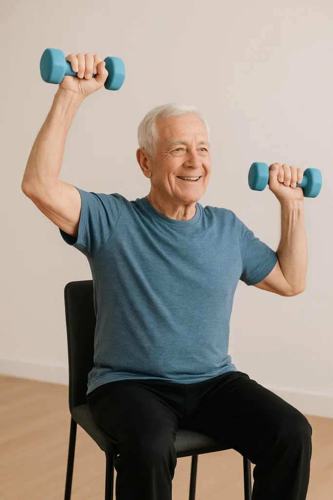 Intermediate Chair Exercises for Seniors: 8 Powerful Moves 5 a senior man doing alternating dumbbell press from seated position