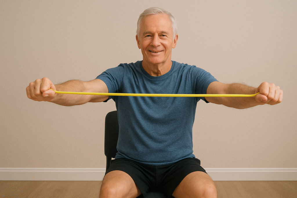 fit senior man doing resistance band pull-aparts