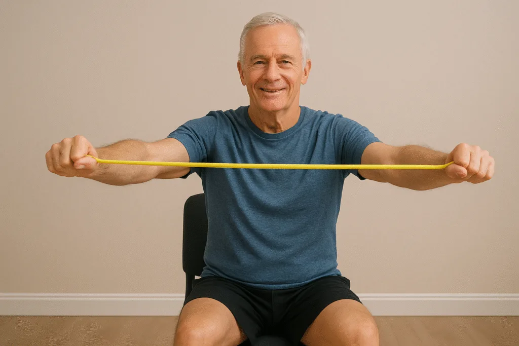 Intermediate Chair Exercises for Seniors: 8 Powerful Moves 4 fit senior man doing resistance band pull-aparts