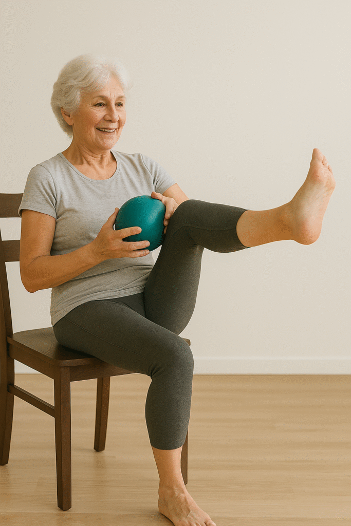Advanced Chair Exercises for Seniors: 9 Proven Moves for Aging Strong 3 fit senior woman passing weighted ball in figure 8's around her legs