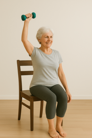 Advanced Chair Exercises for Seniors: 9 Proven Moves for Aging Strong 5 senior woman doing a seated overhead weighted stretch