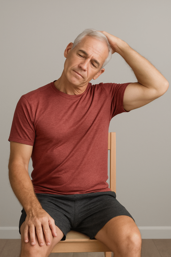 Chair Stretches for Seniors: 5 Powerful Moves to Boost Flexibility 5 Senior seated in chair, tilting head sideways for neck stretch