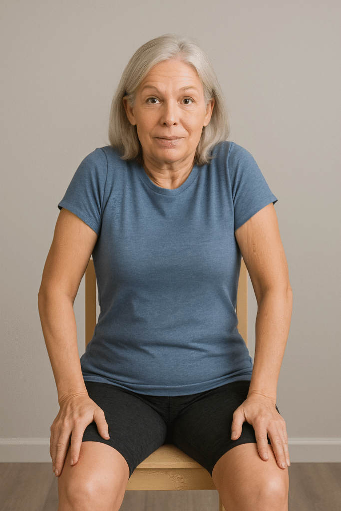 Chair Stretches for Seniors: 5 Powerful Moves to Boost Flexibility 6 Senior woman seated upright, gently rolling shoulders forward for mobility and posture improvement.