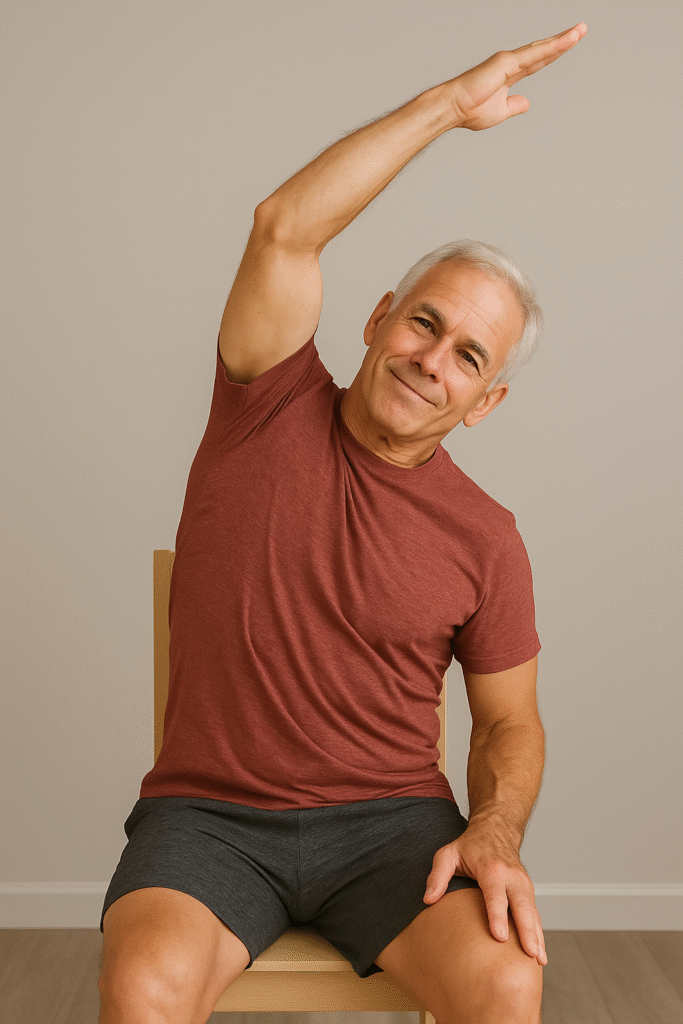 Chair Stretches for Seniors: 5 Powerful Moves to Boost Flexibility 7 Older man seated with arm overhead, gently leaning sideways in a chair to stretch torso muscles
