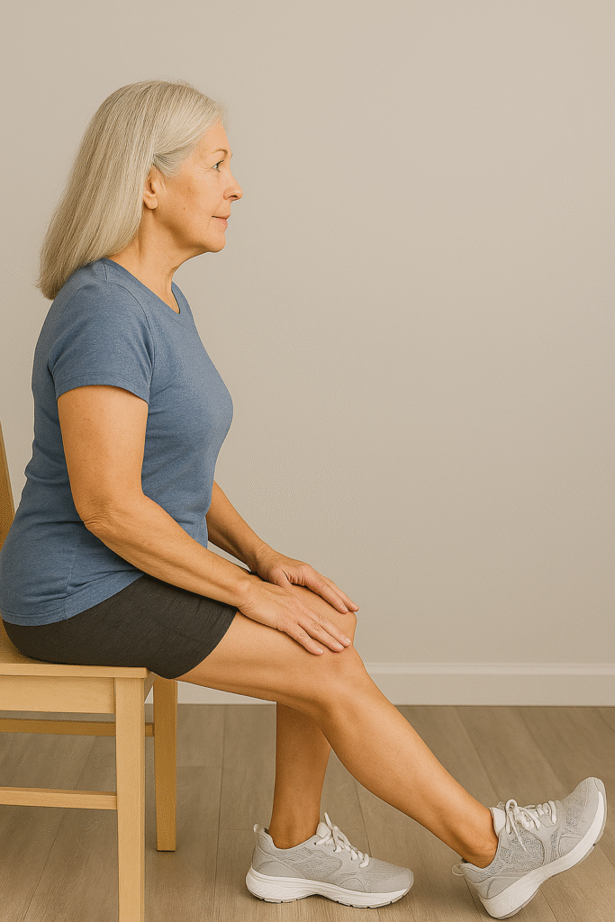 Chair Stretches for Seniors: 5 Powerful Moves to Boost Flexibility 8 Senior woman seated in chair, extending one leg forward to stretch hamstring with straight back