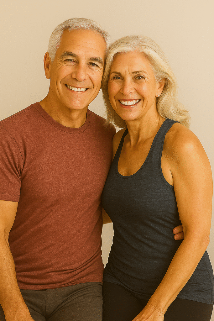 Chair Stretches for Seniors: 5 Powerful Moves to Boost Flexibility 2 Fit senior couple smiling together after exercise, showing active aging and wellness