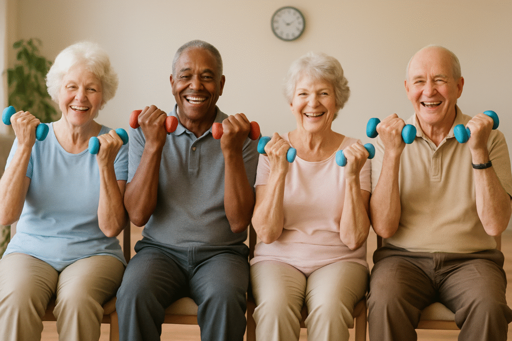 Beginner Chair Exercises for Seniors: 7 Easy Moves to Build Strength Safely 2 four people doing beginner chair exercises for seniors