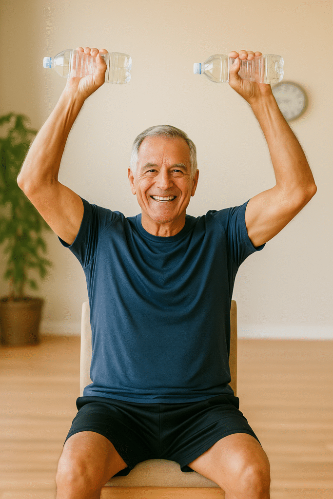 Beginner Chair Exercises for Seniors: 7 Easy Moves to Build Strength Safely 3 senior man pressing water bottles overhead while seated