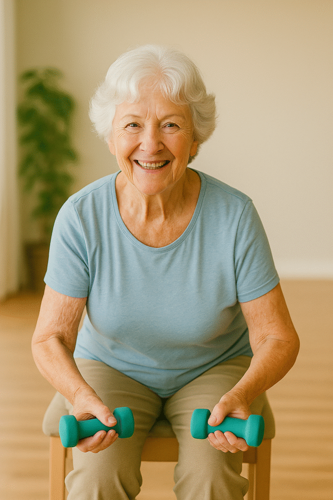 Beginner Chair Exercises for Seniors: 7 Easy Moves to Build Strength Safely 4 senior woman preparing to pull back weights in a rowing motion