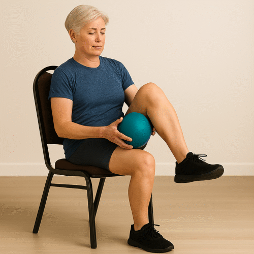 Intermediate Chair Exercises for Seniors: 8 Powerful Moves 6 fit senior woman passing ball behind leg while seated