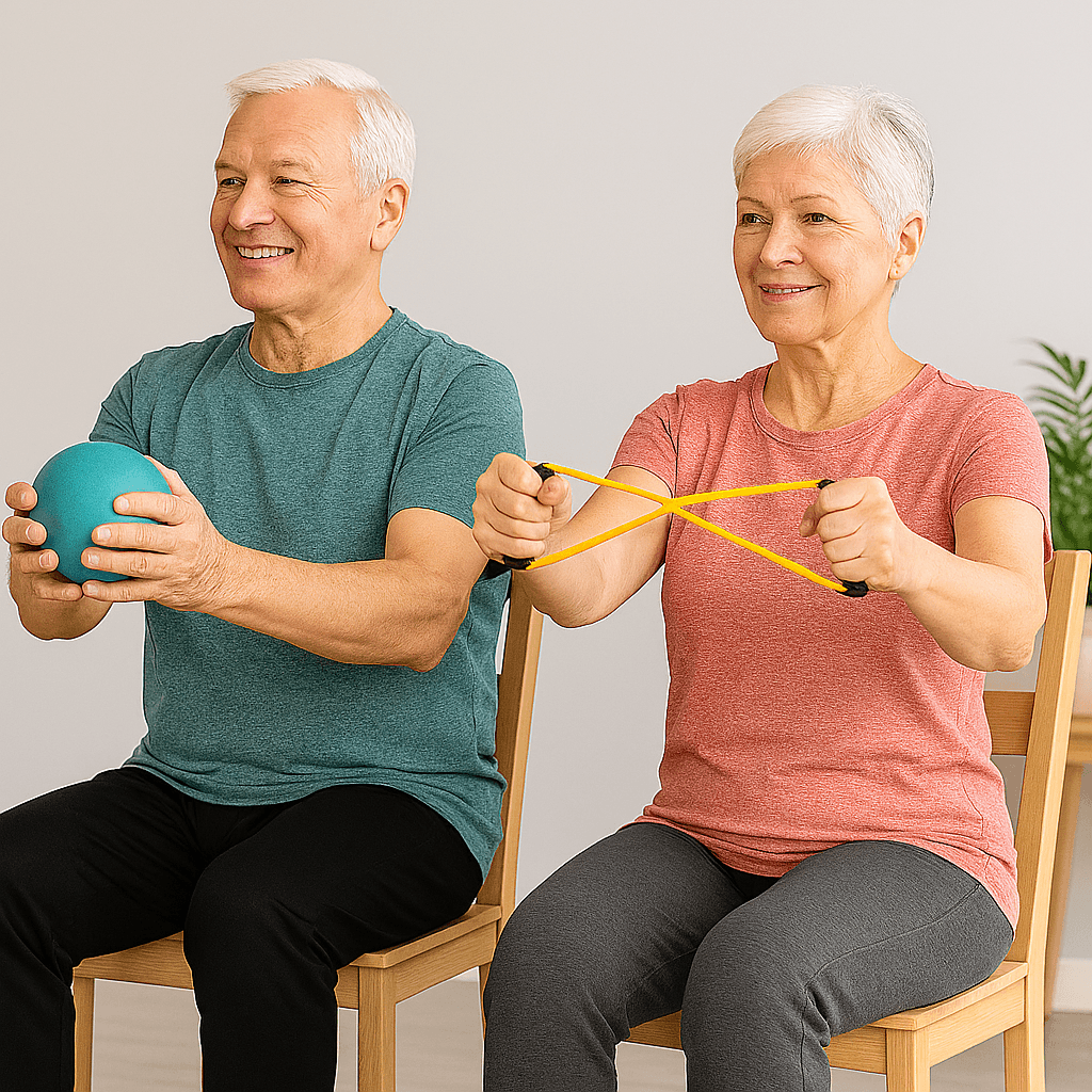 Exercises for Seniors: 10 Surprisingly Effective Everyday Activities That Count as Workouts 12 a fit senior man and woman sitting in chairs holding a ball and a rubber band