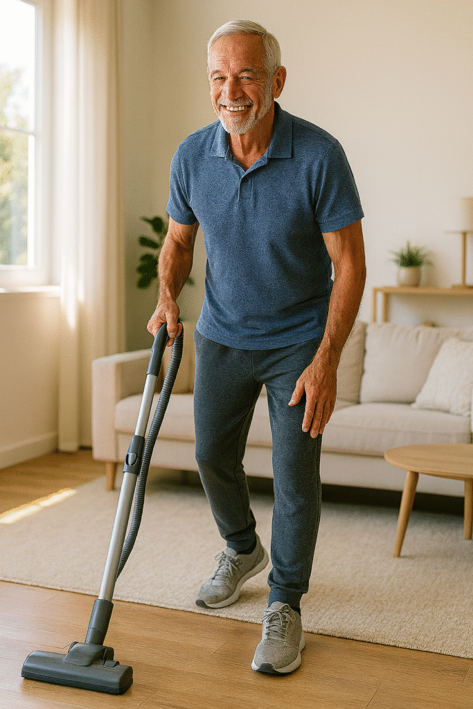 Exercises for Seniors: 10 Surprisingly Effective Everyday Activities That Count as Workouts 5 Senior man vacuuming as a form of exercise at home