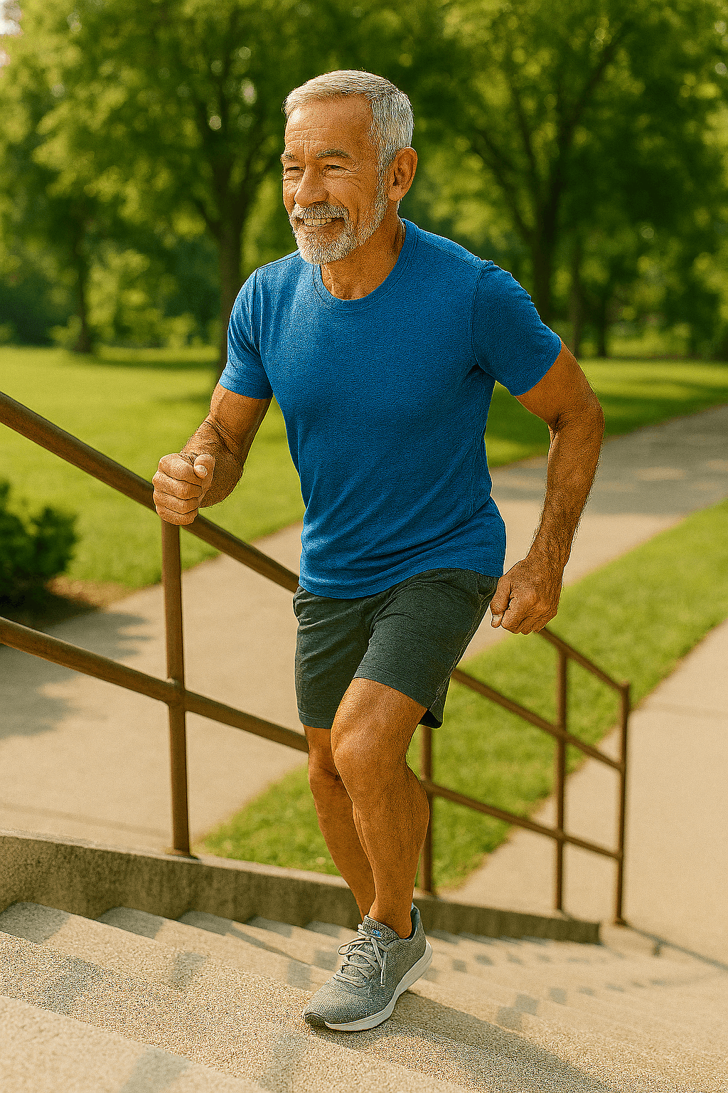 Exercises for Seniors: 10 Surprisingly Effective Everyday Activities That Count as Workouts 7 a fit Senior man climbing stairs for exercise and leg strength