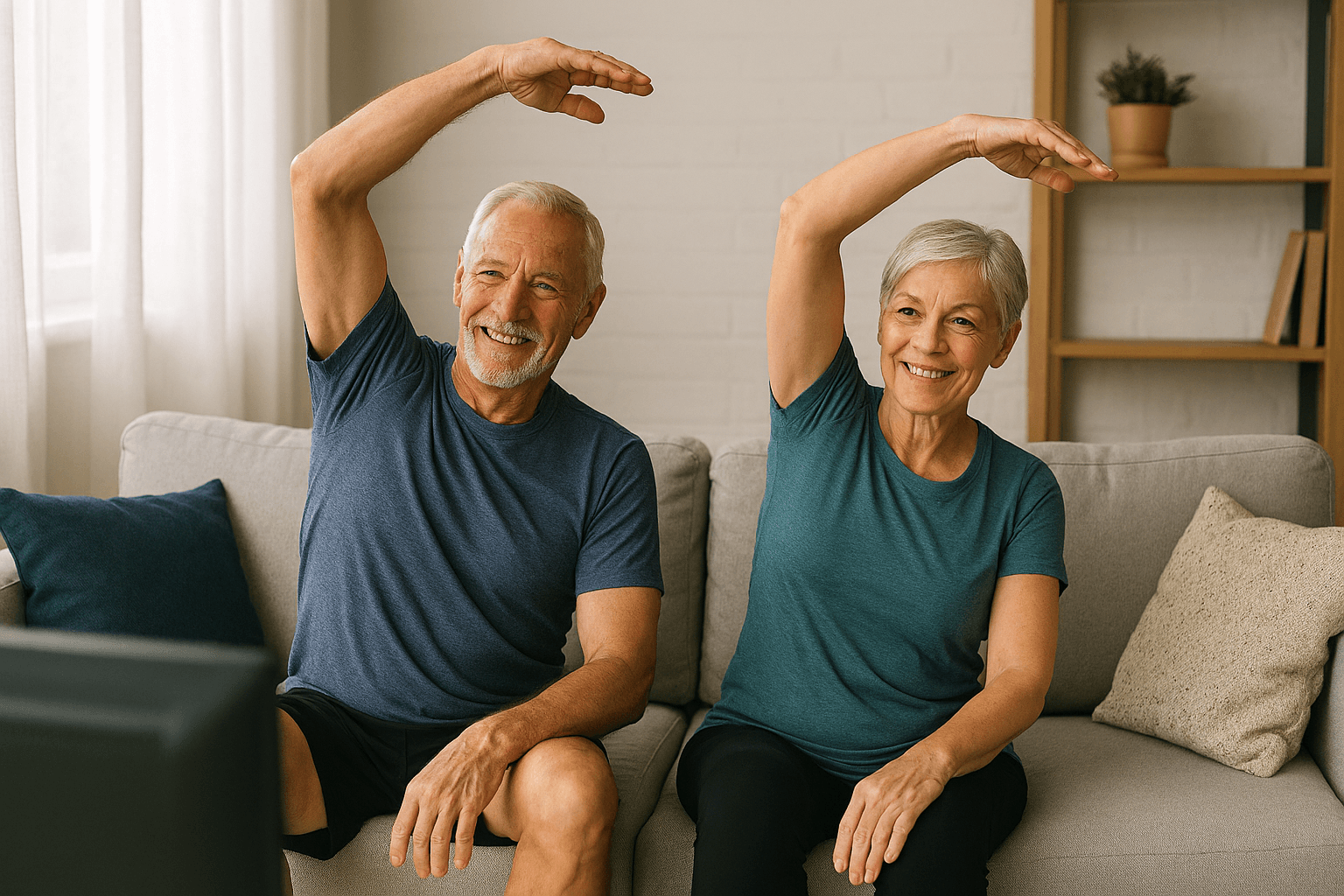 Exercises for Seniors: 10 Surprisingly Effective Everyday Activities That Count as Workouts 9 Senior couple performing seated stretches while watching television