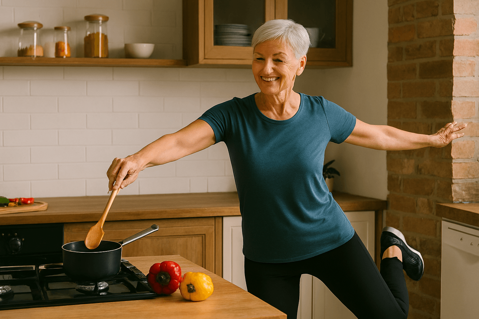 Exercises for Seniors: 10 Surprisingly Effective Everyday Activities That Count as Workouts 10 Senior woman doing light exercises while cooking