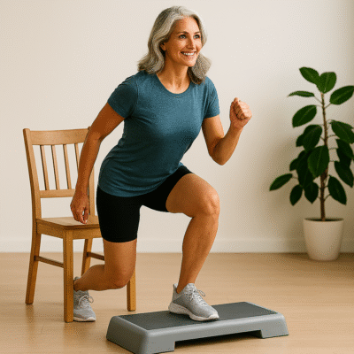 Functional Strength for Seniors: 10 Essential Exercises for Daily Life 4 Fit senior woman performing step-ups with hand support to improve balance and leg strength as part of functional strength for seniors.