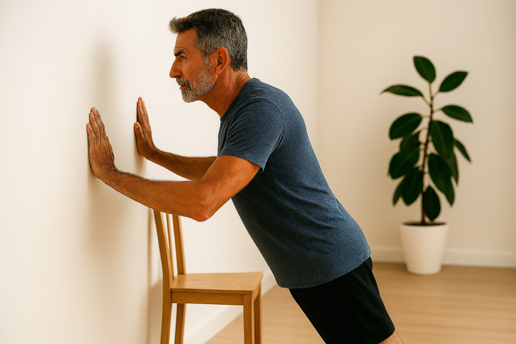 Functional Strength for Seniors: 10 Essential Exercises for Daily Life 5 Senior man performing wall push-ups with feet and legs together to build upper body functional strength for seniors using proper form