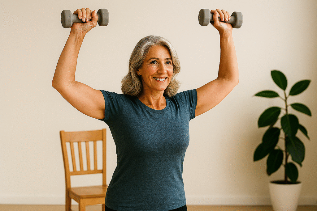Functional Strength for Seniors: 10 Essential Exercises for Daily Life 6 Senior woman performing overhead press exercise with light weights