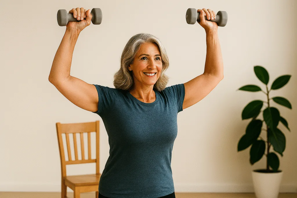 Functional Strength for Seniors: 10 Essential Exercises for Daily Life 6 Senior woman performing overhead press exercise with light weights