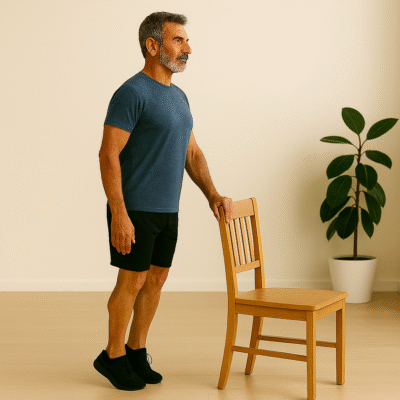 Functional Strength for Seniors: 10 Essential Exercises for Daily Life 7 Fit senior man performing heel raises while holding onto a chair for balance to strengthen calves and improve functional strength for seniors
