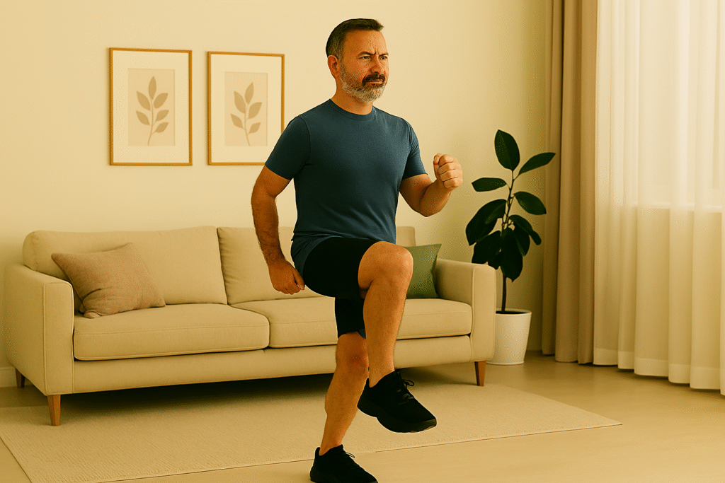 Functional Strength for Seniors: 10 Essential Exercises for Daily Life 11 Senior man marching in place in a cozy living room to build leg strength, coordination, and functional mobility