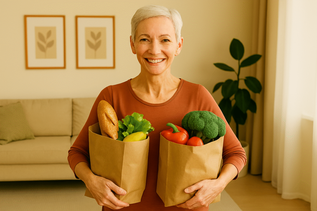 Functional Strength for Seniors: 10 Essential Exercises for Daily Life 2 Fit senior woman smiling while holding two grocery bags at home to demonstrate functional strength for seniors in daily life.