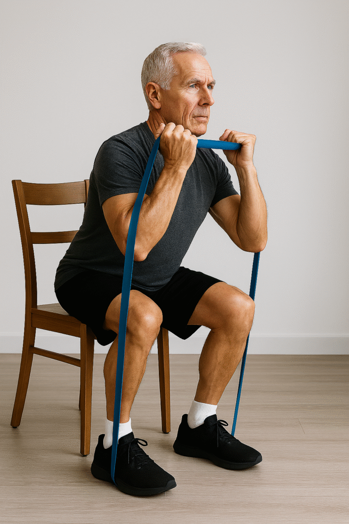 Senior Fitness: 15 Essential Principles for Strength, Mobility & Healthy Aging 4 fit senior man performing chair squats using resistance bands