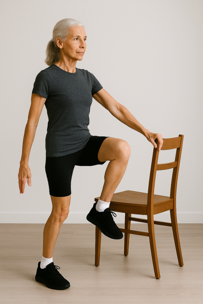 Senior Fitness: 15 Essential Principles for Strength, Mobility & Healthy Aging 5 fit senior woman using chair for support during single leg balance exercise