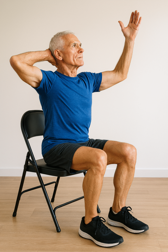 Senior Fitness: 15 Essential Principles for Strength, Mobility & Healthy Aging 6 Fit senior man seated on a chair, performing a shoulder mobility stretch with one arm raised