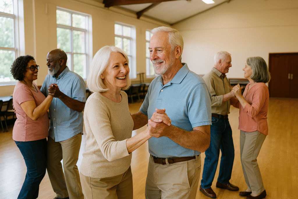 Senior Fitness: 15 Essential Principles for Strength, Mobility & Healthy Aging 8 Four senior couples dancing in a sunlit community center with hardwood floors and large windows, smiling and enjoying light physical activity together