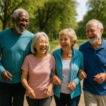 Senior Fitness: 15 Essential Principles for Strength, Mobility & Healthy Aging 9 Four senior friends walking outdoors on a sunny day, smiling and laughing together in a green park