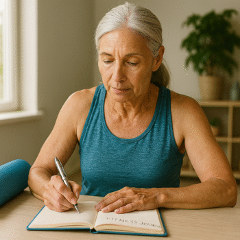 Senior Fitness: 15 Essential Principles for Strength, Mobility & Healthy Aging 10 "Fit senior woman in a teal tank top writing thoughtfully in her fitness journal at a sunlit table, with a rolled yoga mat nearby