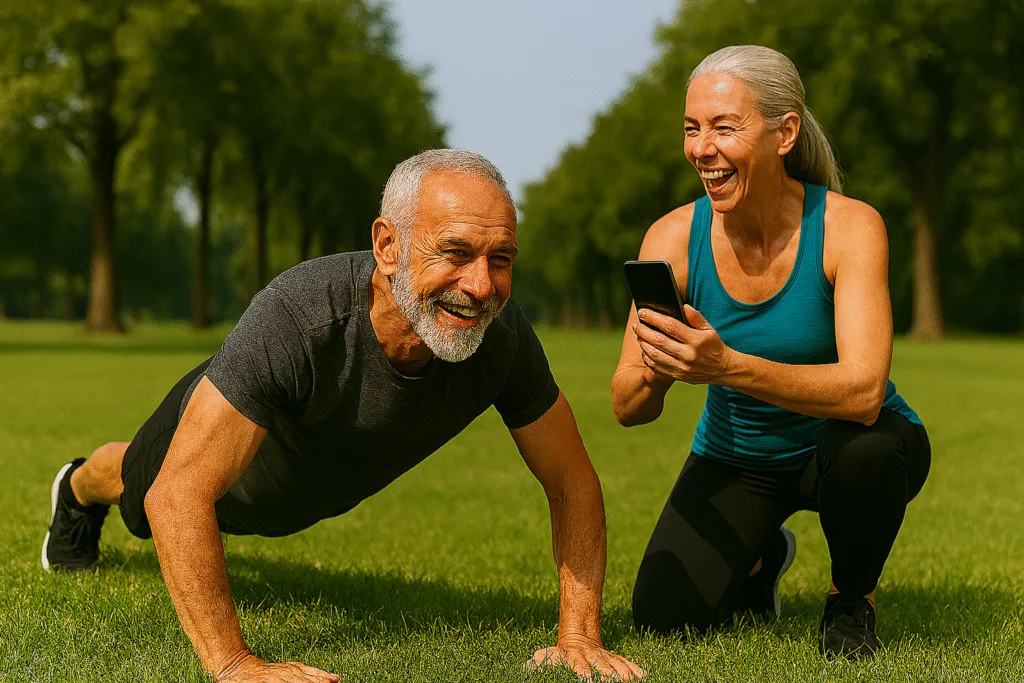 Fit senior man doing pushups on grass while smiling senior woman crouches nearby, tracking reps on a fitness app in a sunny park