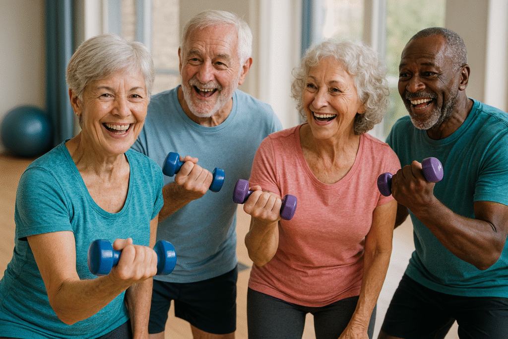Senior Fitness: 15 Essential Principles for Strength, Mobility & Healthy Aging 12 Fit older adults smiling and lifting dumbbells in a group exercise class