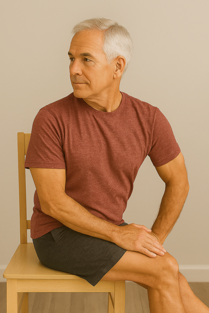 Chair Stretches for Seniors: 5 Powerful Moves to Boost Flexibility 9 Senior man seated upright in chair, twisting torso gently to one side with hand on opposite knee