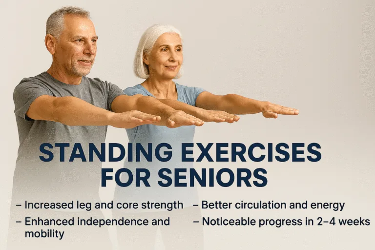 A couple performing exercises and standing exercises for seniors included on the image