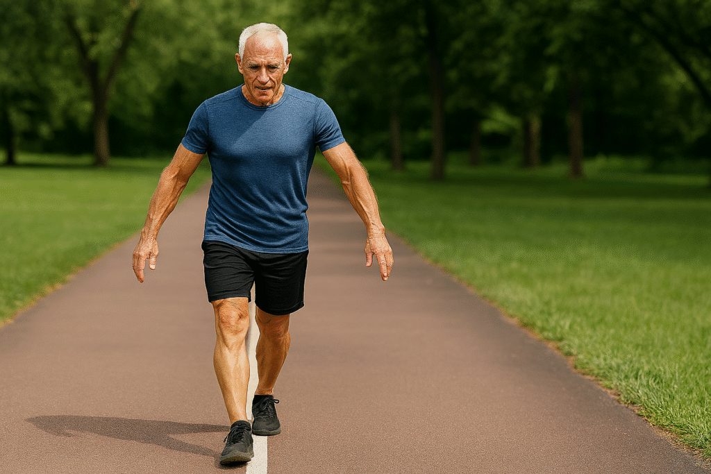 7 Powerful Standing Exercises for Seniors to Build Strength and Stability 4 senior man doing balance work walking heel to toe on a marked line