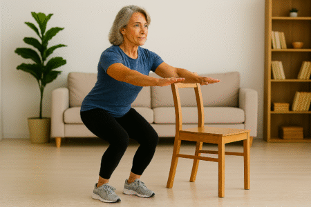 7 Powerful Standing Exercises for Seniors to Build Strength and Stability 6 senior woman demonstrating shallow squat at home