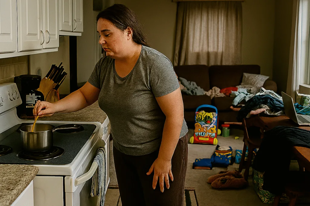 Person cooking in a messy kitchen.